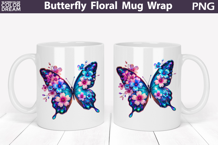 Butterfly Floral Mug Wrap | Spring Flowers Mug Sublimation