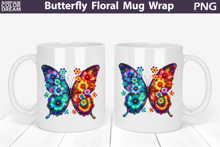 Butterfly Floral Mug Wrap | Spring Flowers Mug Sublimation example image 1