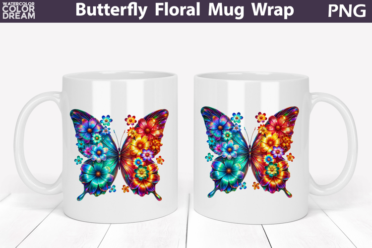 Butterfly Floral Mug Wrap | Spring Flowers Mug Sublimation