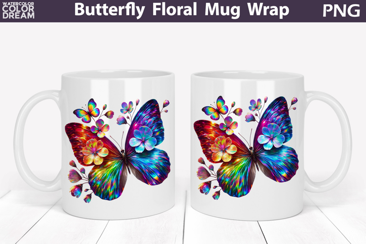 Butterfly Floral Mug Wrap | Spring Flowers Mug Sublimation