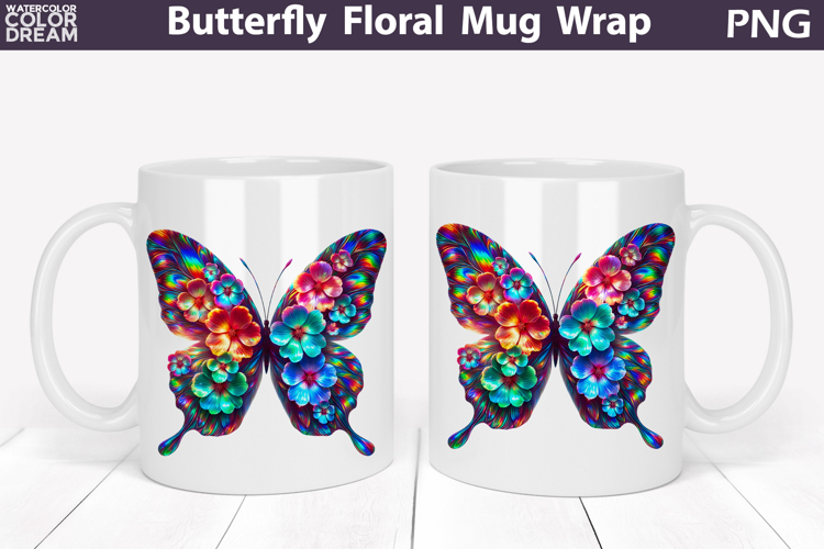 Butterfly Floral Mug Wrap | Spring Flowers Mug Sublimation