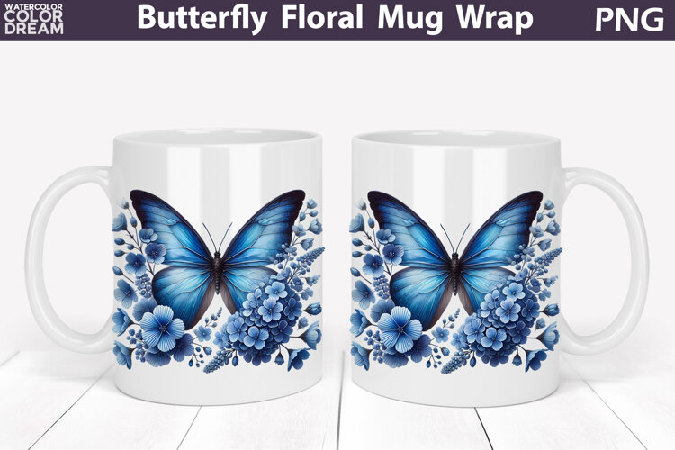 Butterfly Floral Mug Wrap | Spring Flowers Mug Sublimation example image 1