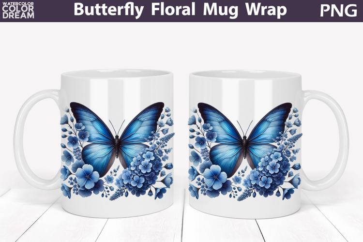 Butterfly Floral Mug Wrap | Spring Flowers Mug Sublimation