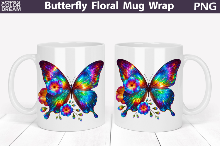 Butterfly Floral Mug Wrap | Spring Flowers Mug Sublimation