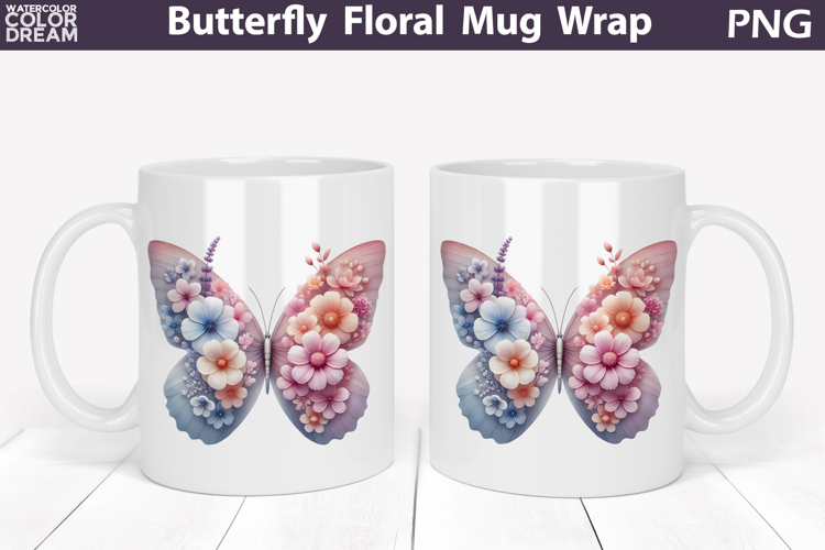 Butterfly Floral Mug Wrap | Spring Flowers Mug Sublimation