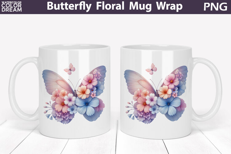 Butterfly Floral Mug Wrap | Spring Flowers Mug Sublimation example image 1