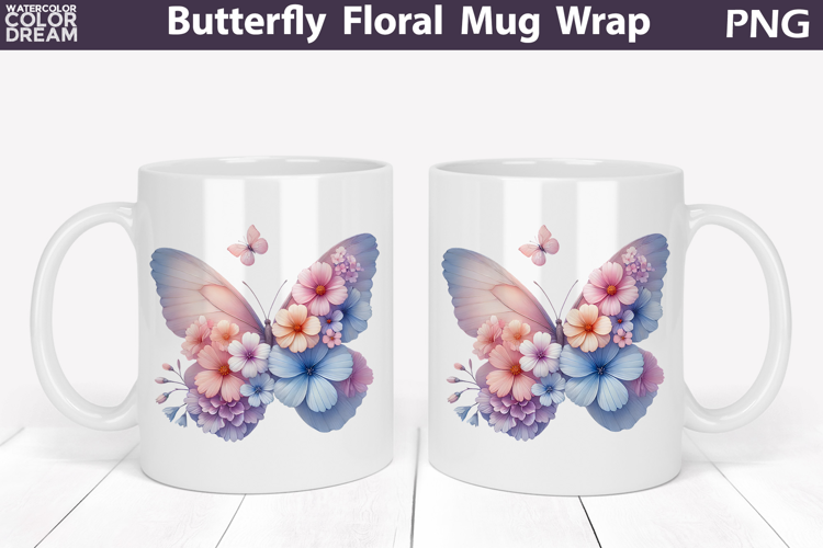 Butterfly Floral Mug Wrap | Spring Flowers Mug Sublimation