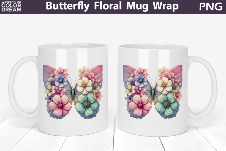 Butterfly Floral Mug Wrap | Spring Flowers Mug Sublimation