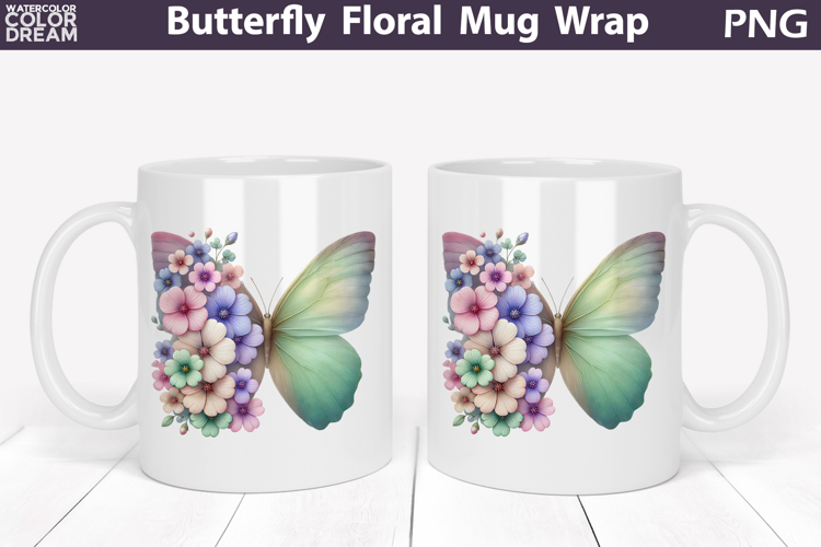 Butterfly Floral Mug Wrap | Spring Flowers Mug Sublimation