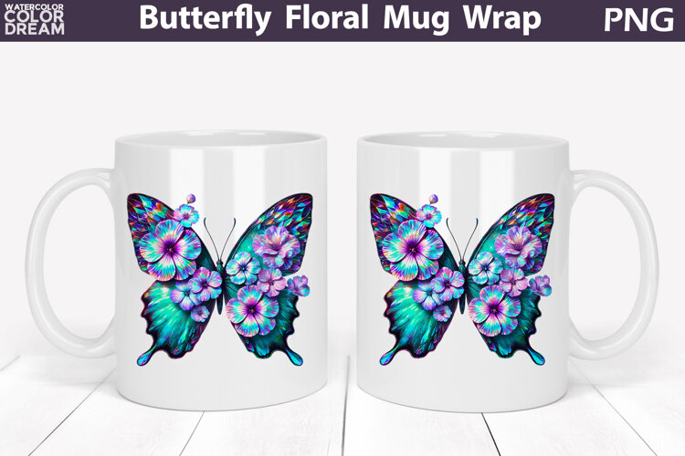 Butterfly Floral Mug Wrap | Spring Flowers Mug Sublimation example image 1