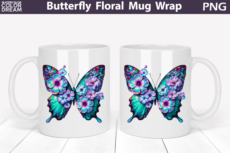 Butterfly Floral Mug Wrap | Spring Flowers Mug Sublimation