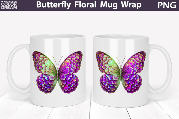 Butterfly Floral Mug Wrap | Spring Flowers Mug Sublimation