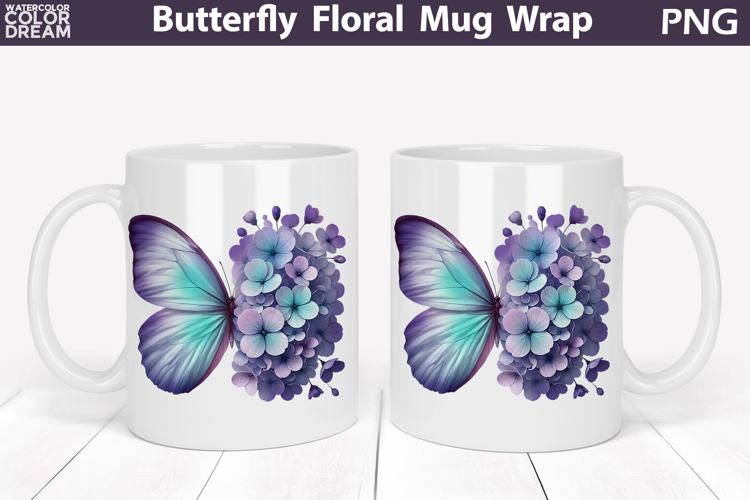 Butterfly Floral Mug Wrap | Spring Flowers Mug Sublimation