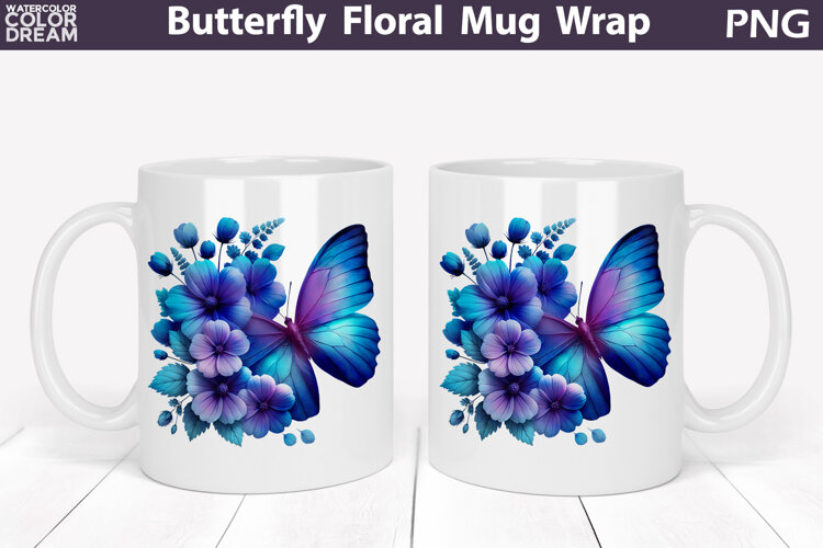Butterfly Floral Mug Wrap | Spring Flowers Mug Sublimation example image 1