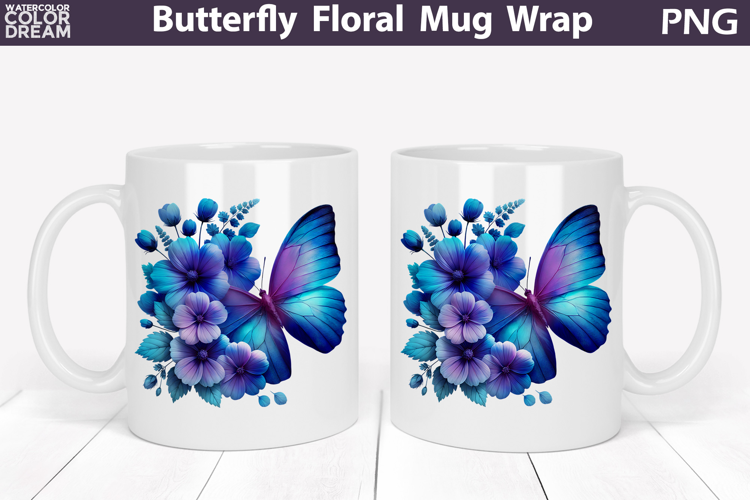 Butterfly Floral Mug Wrap | Spring Flowers Mug Sublimation