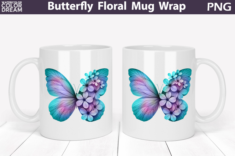 Butterfly Floral Mug Wrap | Spring Flowers Mug Sublimation