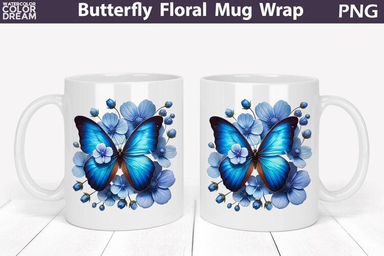 Butterfly Floral Mug Wrap | Spring Flowers Mug Sublimation example image 1
