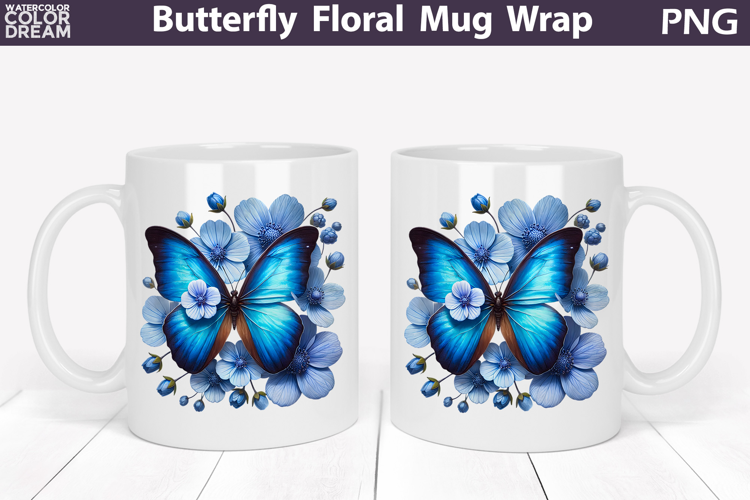 Butterfly Floral Mug Wrap | Spring Flowers Mug Sublimation