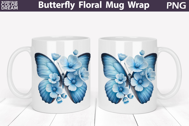 Butterfly Floral Mug Wrap | Spring Flowers Mug Sublimation