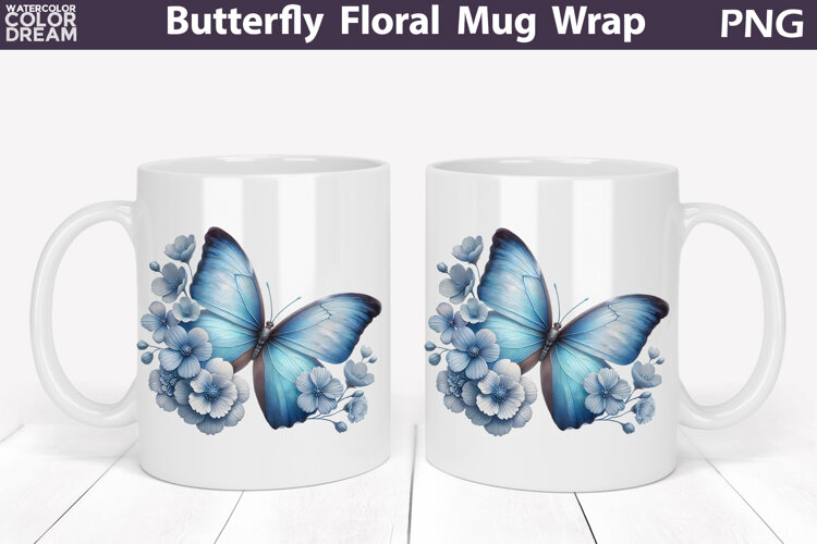 Butterfly Floral Mug Wrap | Spring Flowers Mug Sublimation example image 1
