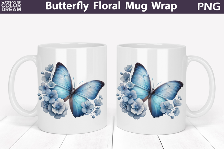 Butterfly Floral Mug Wrap | Spring Flowers Mug Sublimation