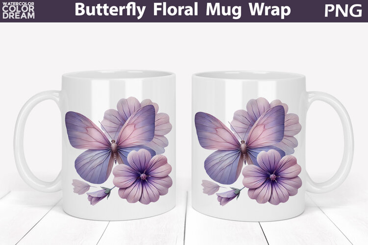 Butterfly Floral Mug Wrap | Spring Flowers Mug Sublimation example image 1