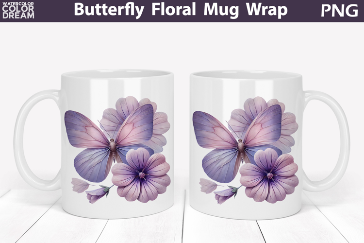 Butterfly Floral Mug Wrap | Spring Flowers Mug Sublimation