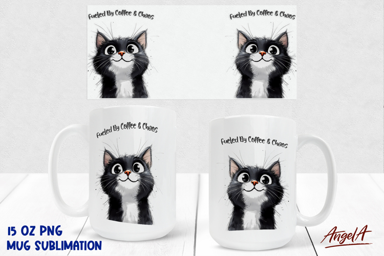 15 Oz Mug sublimation wrap Cute cat head Funny Coffee quote