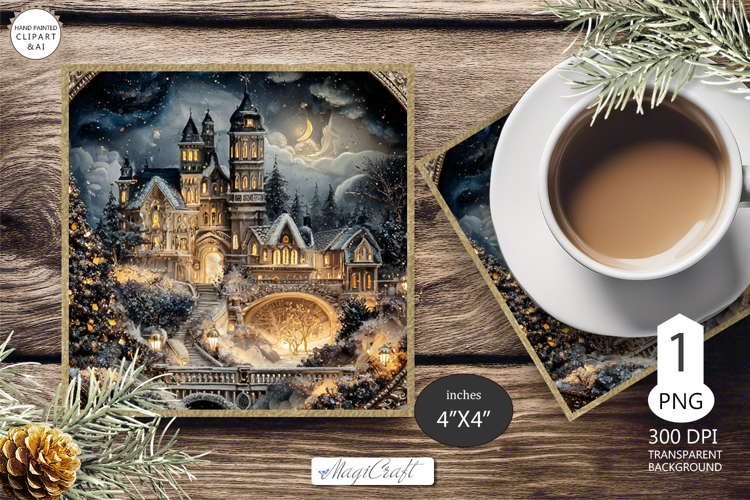 Mug coaster with Christmas village|Christmas coaster winter