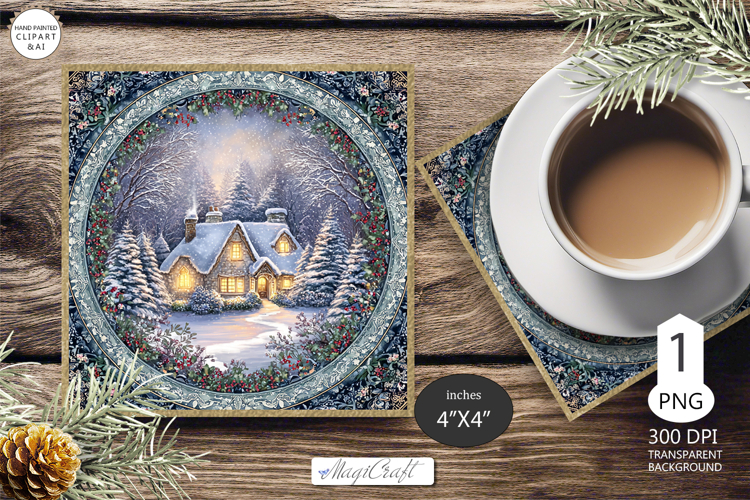 Mug coaster with Christmas village|Christmas coaster winter