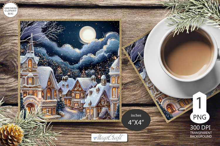 Mug coaster with Christmas village|Christmas coaster winter