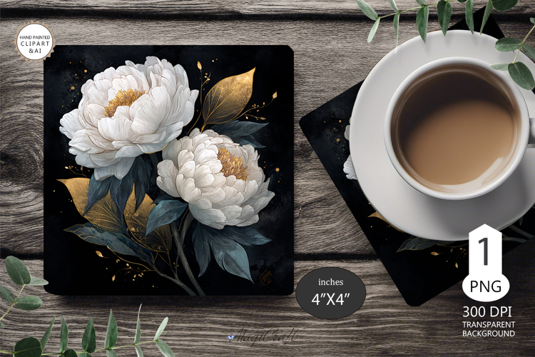 Mug coaster white peonies| Mug Coaster Sublimation flowers