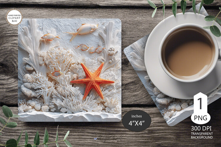 Seashells Mug coaster | Coaster Mug Sublimation 3D Starfish example image 1