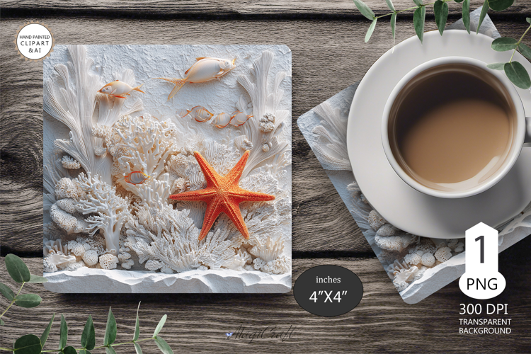 Seashells Mug coaster | Coaster Mug Sublimation 3D Starfish