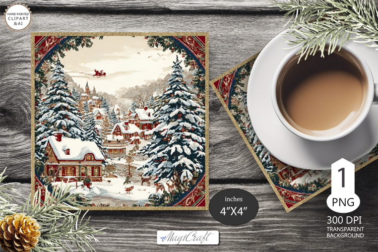 Mug coaster with Christmas village|Christmas coaster winter