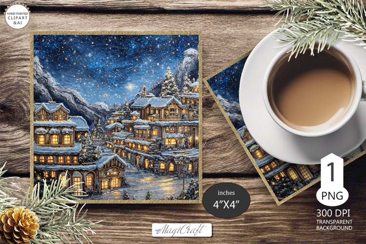 Mug coaster with Christmas village|Christmas coaster winter
