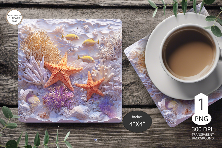 Seashells Mug coaster | Coaster Mug Sublimation 3D Starfish