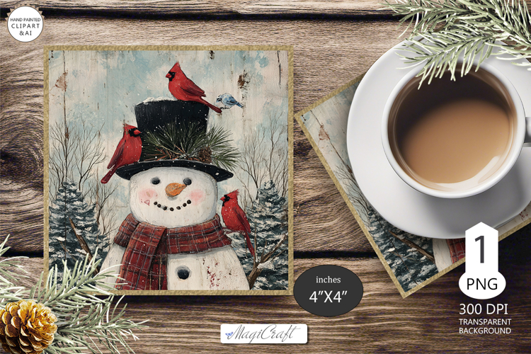 Mug Coaster with Christmas Snowman| Vintage Snowman Coaster