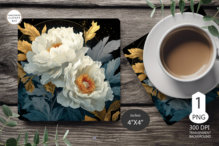 Mug coaster white peonies| Mug Coaster Sublimation flowers