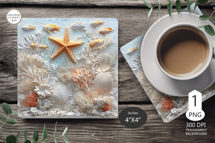 Seashells Mug coaster | Coaster Mug Sublimation 3D Starfish