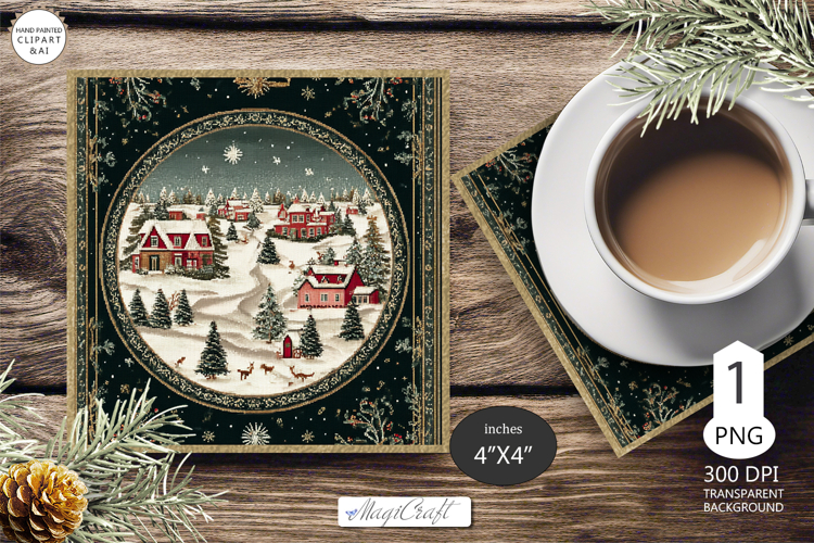 Mug coaster with Christmas village|Christmas coaster winter