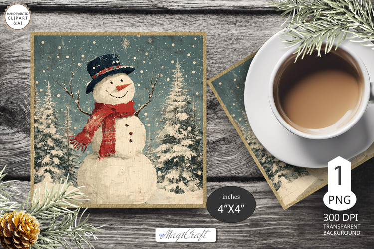 Mug Coaster with Christmas Snowman| Vintage Snowman Coaster