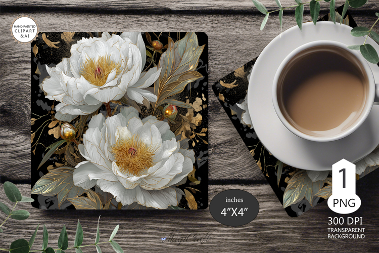 Mug coaster white peonies| Mug Coaster Sublimation flowers