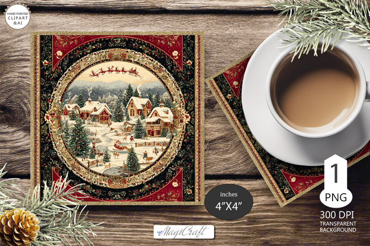 Mug coaster with Christmas village|Christmas coaster winter