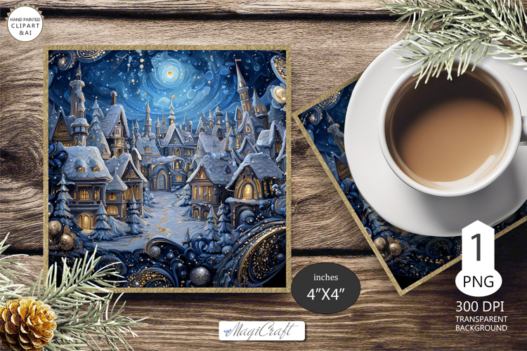 Mug coaster with Christmas village|Christmas coaster winter