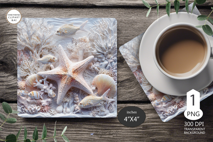 Seashells Mug coaster | Coaster Mug Sublimation 3D Starfish