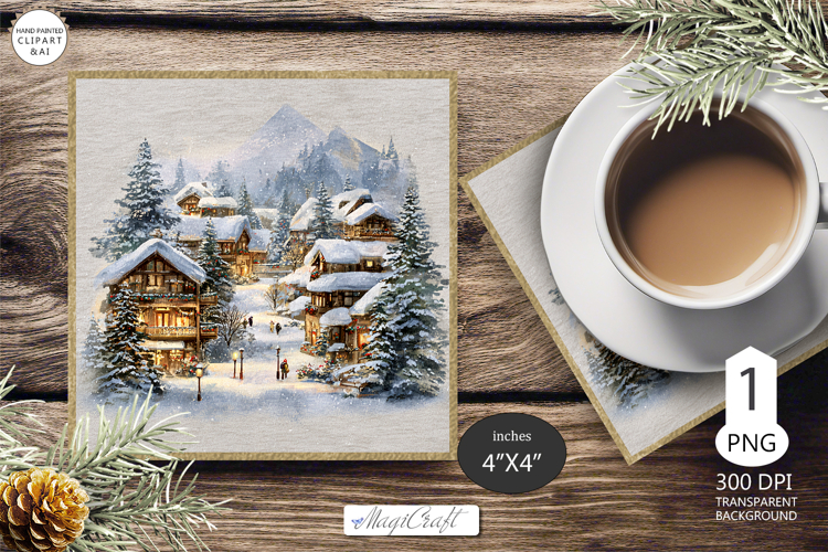 Mug coaster with Christmas village|Christmas coaster winter