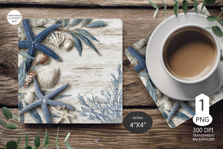 Seashells Mug coaster | Coaster Mug Sublimation | Starfish example image 1