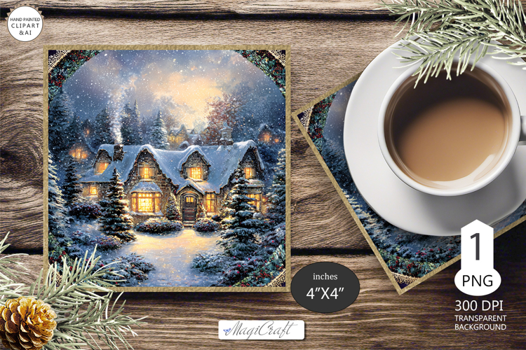 Mug coaster with Christmas village|Christmas coaster winter