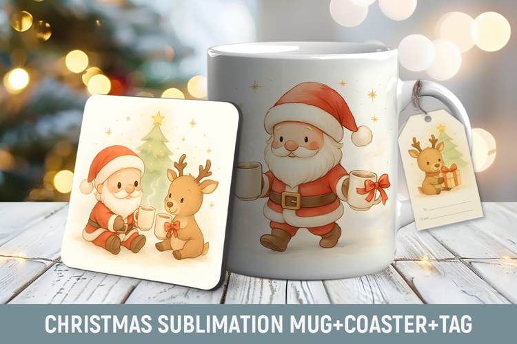 Santa & Reindeer Gift Mug Set, christmas mug wrap